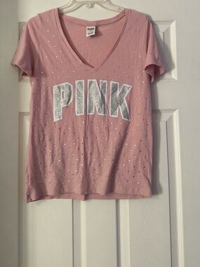 PINK Victoria's Secret Light Pink V-Neck Tee with Silver Studs is a size Medium.